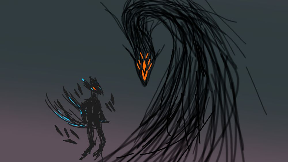 Black flowing creature with orange eye-like structures, alongside a dark grey birdlike creature with orange eyes and teal streaks through their wings and head