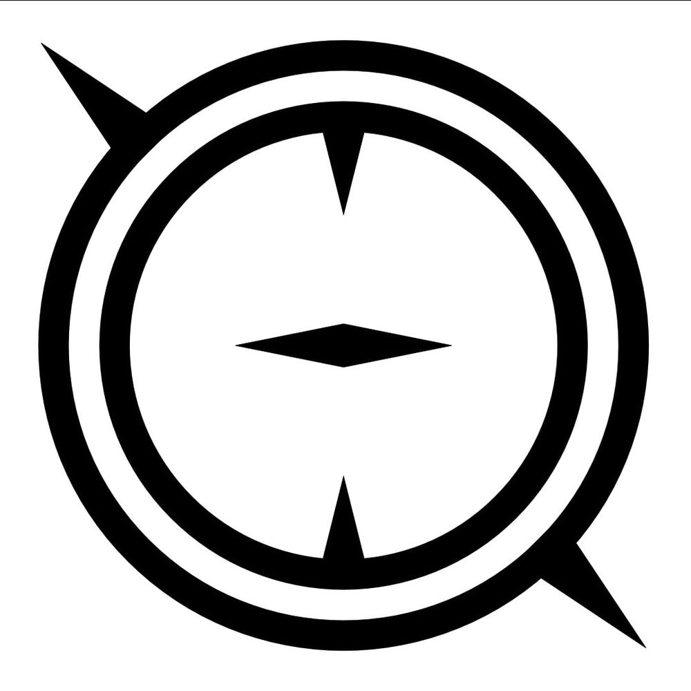 Two concentric black rings around a thin diamond shape, each with two thin spikes, the outer pointing outward and the inner pointing inward, with enough space on the inside to turn without colliding.