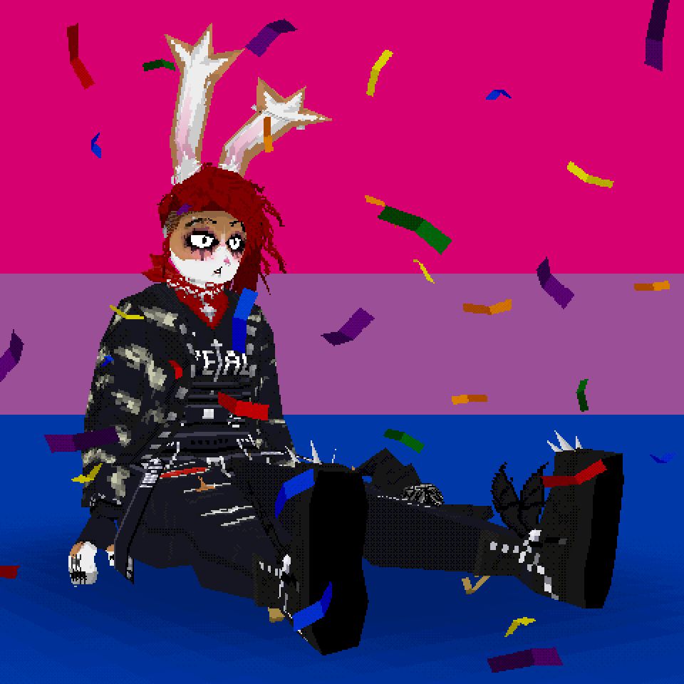 bunlith (goth trans bunny girl) sitting on the ground with a flushed expression and messed up hair in front of a bisexual flag. confetti is flying everywhere