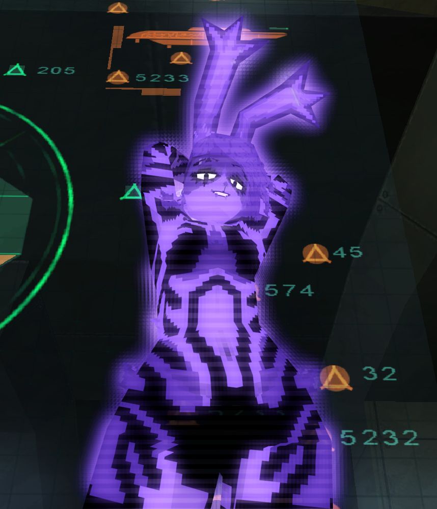a low angle of a purple holographic bunlith (goth trans bunny furry) covered in digital black lines