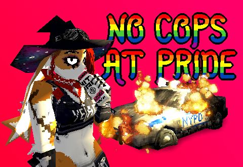 bunlith drinking a white paw in front of a burning cop car with the words "NO COPS AT PRIDE" in rainbow letters on the top right