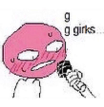 low res cartoon character blushing and saying "g g girks..." into a microphone