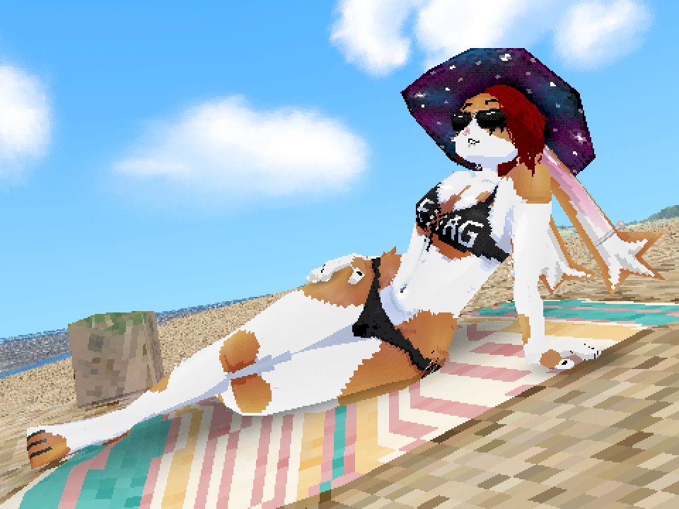 bunlith (goth trans bunny furry) lounging on a beach towel in a two piece swim suit. her waist looks debonkers
