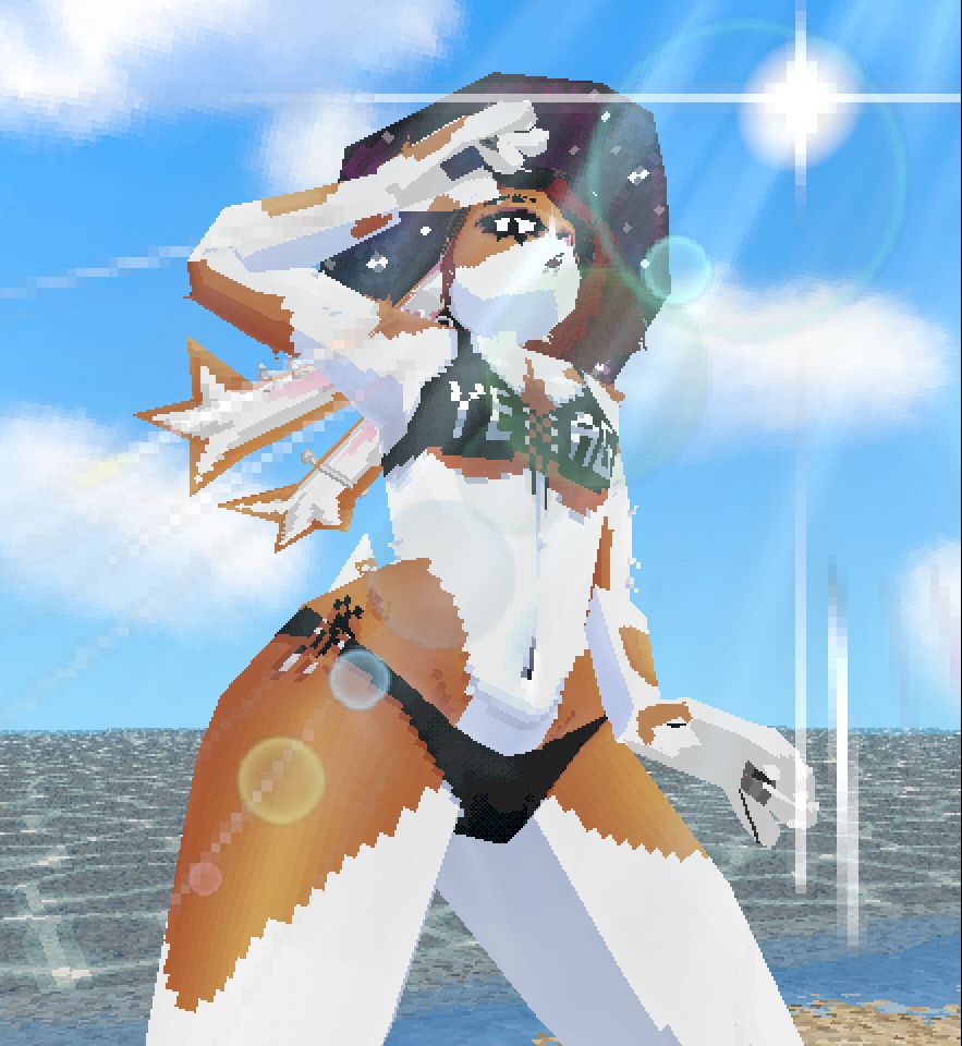bunlith in a swimsuit looking at the camera from a low angle while removing her sunglasses