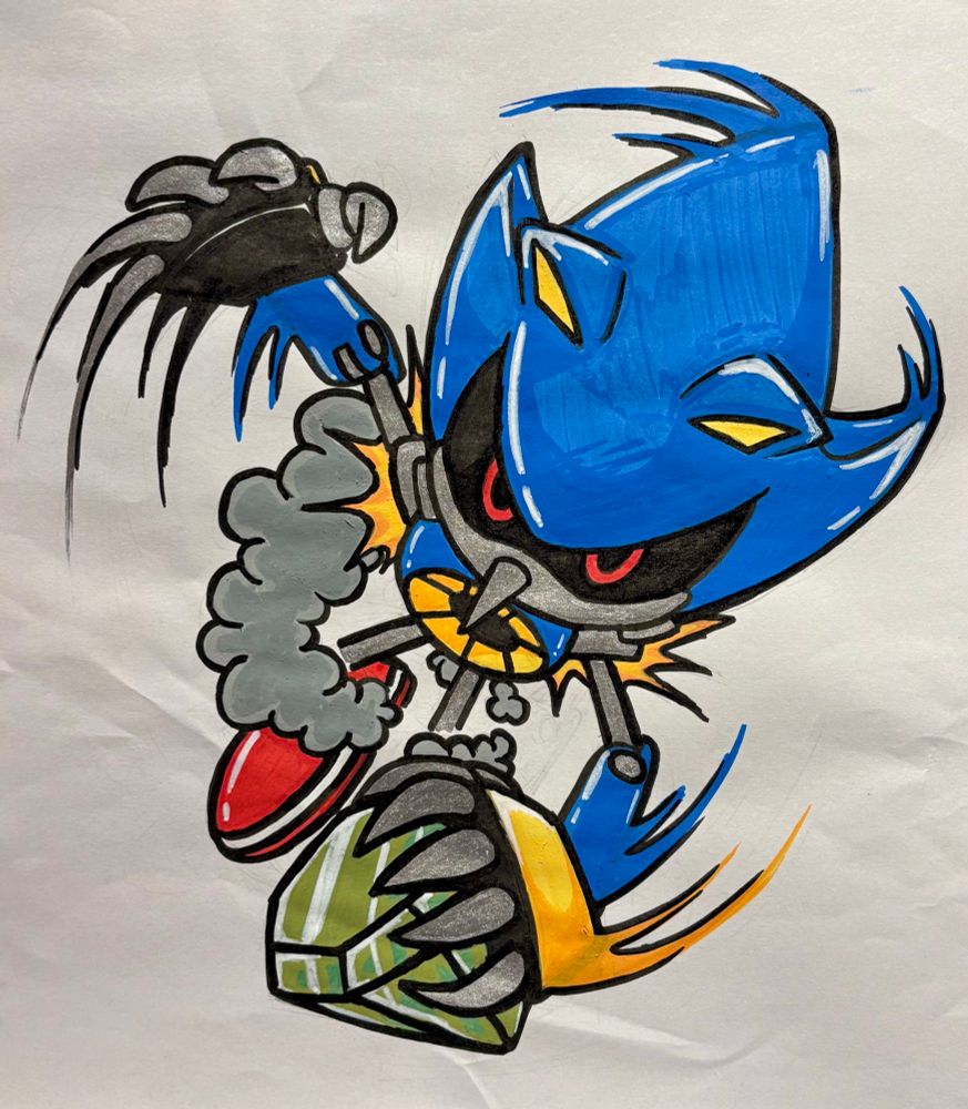 A traditional drawing of Classic Metal Sonic drawn with paint pens. Metal is also holding the green chaos emerald.