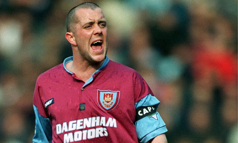 West Ham Utd left-back Julian Dicks, wearing an armband and looking quite hard.