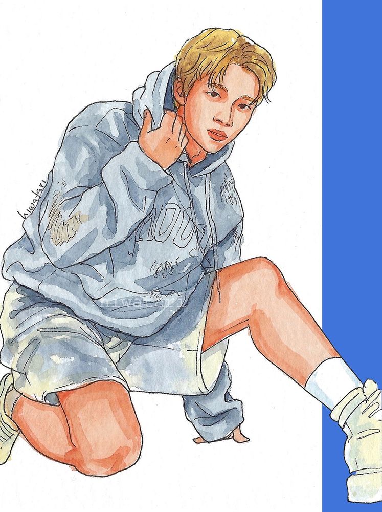 Watercolor drawing of Nam Woohyun from kpop band INFINITE. He's wearing an oversize gray hoodie and baggy beige shorts. He's sporting a dynamic pose, one knee on the floor while half extending his othe leg, and suppoting his weight on this left hand.
