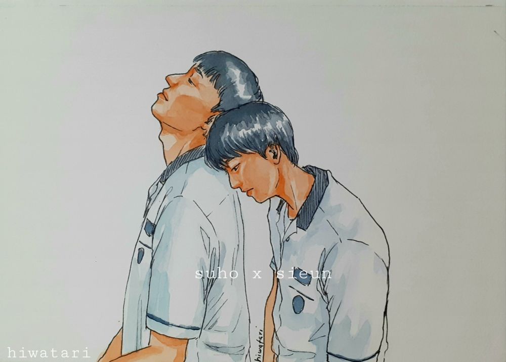 Watercolor drawing of characters from Weak Hero Class 1, Suho and Sieun. Their bodies turned to the left.  Suho has his head thrown back while Sieun rest his on suho's back. They are wearing school uniforms. The text "suho x sieun" is written in the middle.
