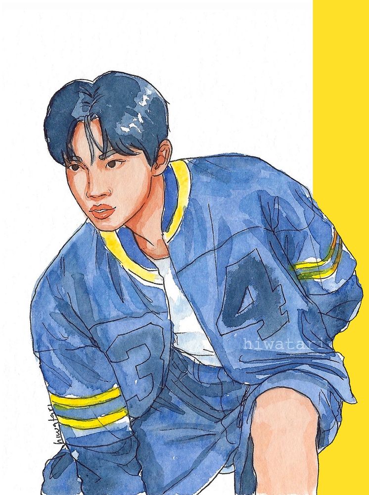 Watercolor drawing of Lee Sungjong from kpop band INFINITE. Looking off to the side, it's a half body shot, he's wearing baggy shoes and a bomber jacket, one arm behind his back and the otehr in front sugesting he is holding his weight on it. you can see a bit of his leg and knee.