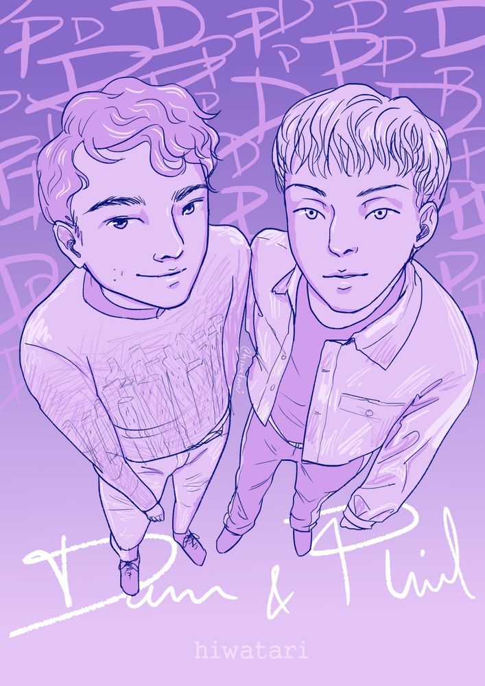 Digital drawing of Dan and Phil, view from above so their head is bigger and feet smaller for the perspective of the shot. Dan on the left is standing casually; white pants and printed shirt. Phil is wearing black pants and metallic jacket. IIIt's their outfirts from their promotions for Terrible Influence Tour. They are looking at the "camera", in the background is a gradient of purple to lilac and "D" and "P" drew over and over, the text Dan & Phil is written in white in the floor. pic from their promotional poster was used as reference.