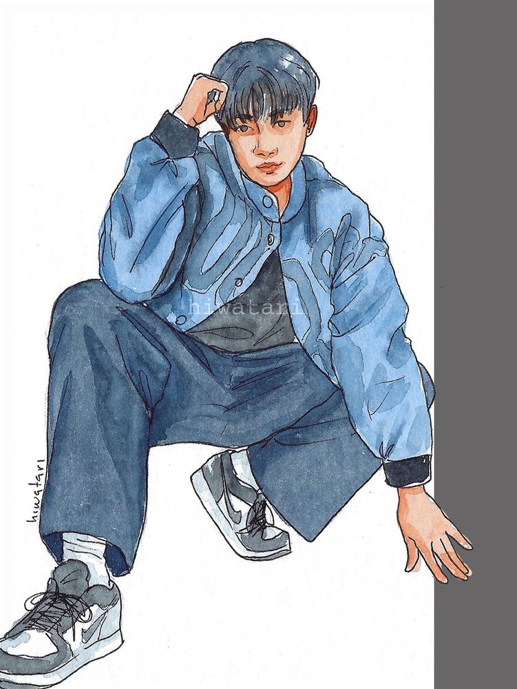 Watercolor drawing of Kim Myungsoo from kpop band INFINITE. He's wearing dark blue jeans and blue bomber jacket, holding a cool dynamic pose looking at the camera.