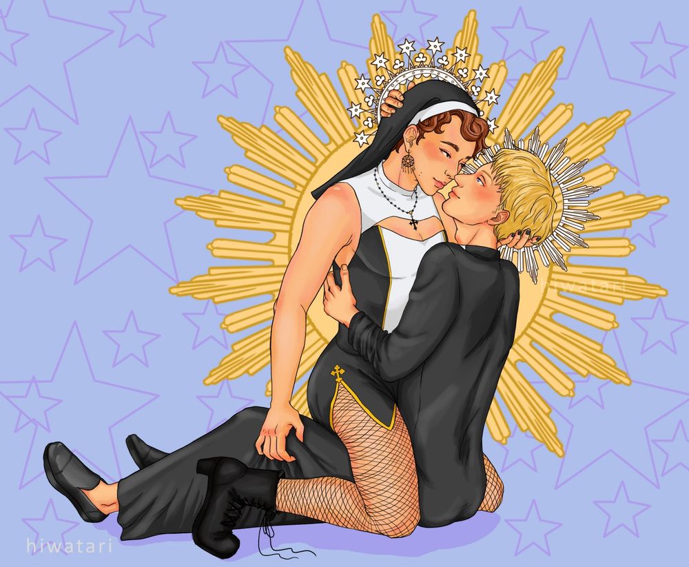 Fanart of Dan and Phil on their Sister Daniel and Father Philip, characters. Phil wears long-sleeved black toga, you can see part of his white collar, and Dan wears his sexy nun costume acompanied with mesh tights and combat boots. They both have halos behind their heads.
Phil is positioned on the floor, sitting with his legs semi-extended, he is grabbing Dan's side under his armpits, and his other hand is supporting Dan's head. Dan is straddling Phil, bodies flush together, he holds Phil's head with one hand while the other squeezes one of Phil's legs. they stare intensely into each other's eyes.
The background is a blueish lilac color with stars, and behind the characters there's a big sun like halo in yellow.