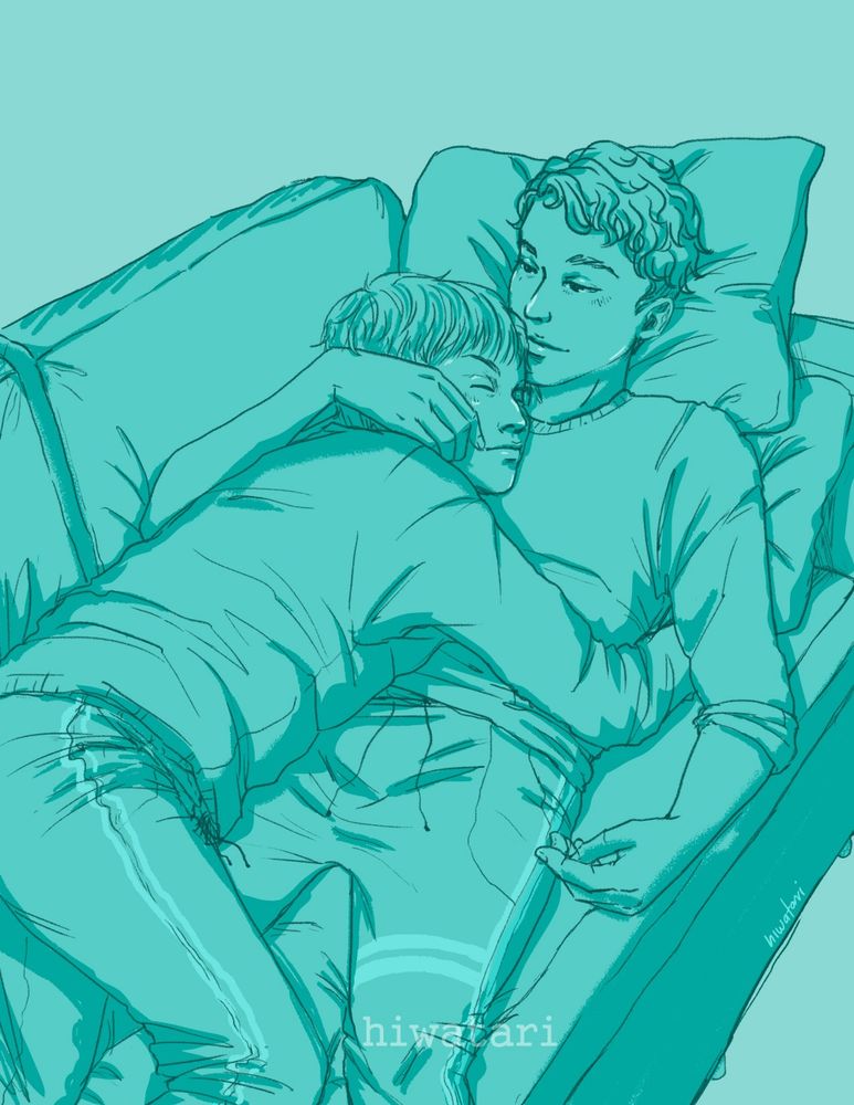 Digital sketch of Dan and phil, sleepy cuddling in a couch. phil's lying over dan hugging him, Dan's one arm is lazily over phil's shoulders while the other almost falls from the couch. they are wearong sweaters and jogging pants. Reference pic used for the pose form the japanese BL drama "My Personal Weather Man".