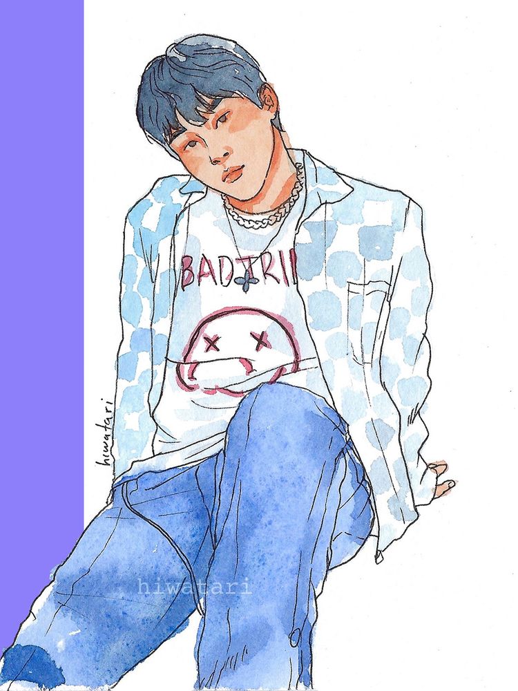 Watercolor drawing of Lee Howon aka hoya, solo artist from Korea. he's sitting on the floor, relaxing, one knee up and the other leg is extended. he's leaning back on his hands and his head is tilted to the side. He's wearing blue jeans, white tshirt and a white shirt with baby blue squares pattern on it.