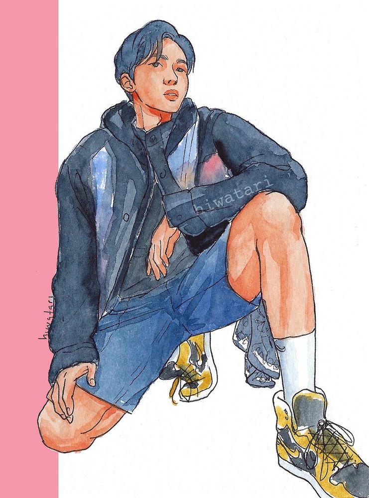 Watercolor drawing of Lee Sungyeol from kpop band INFINITE. He is sitting with one knee on the floor, and his other leg bent so that his knee is supporting his left arm, it is a pose that makes him look cool. He's wearing shorts and jacket made of Jean material, and yellow-black sneakers.