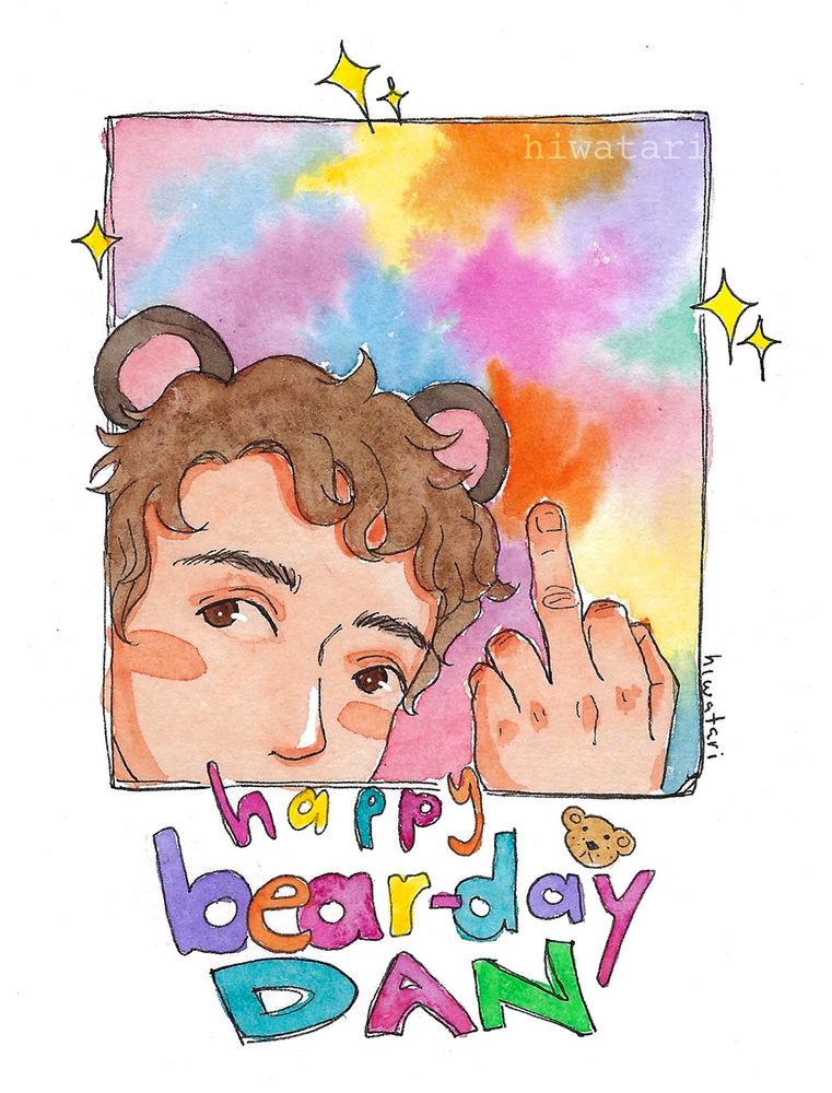 watercolor drawing of Daniel Howell, there's a rectangle where dan is peeking out of but you can't see his whole face, he has bear ears, and he's showing the middle finger. the background is a soft colored texture, cloud-like. the text at the bottom says "happy bear-day dan".