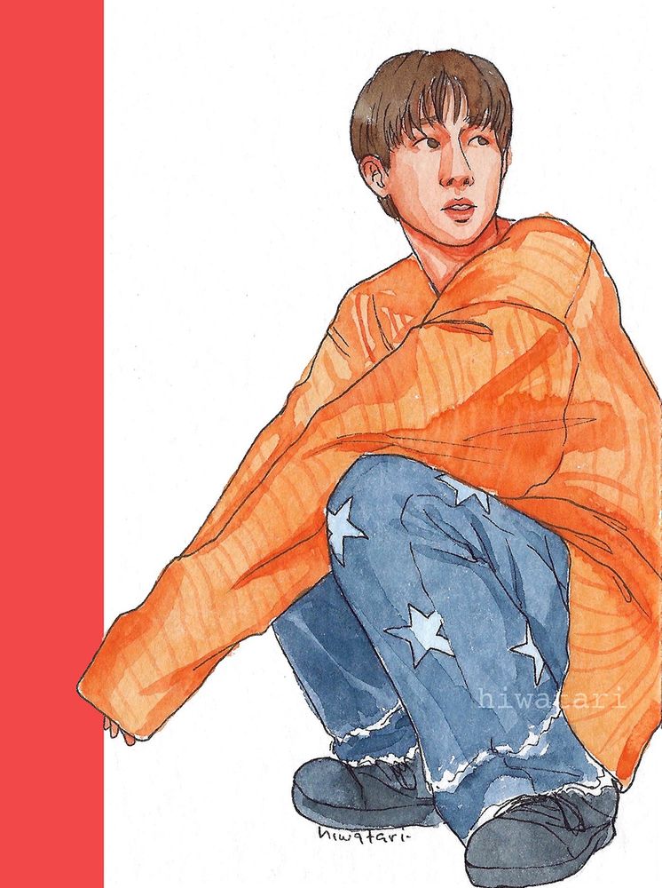 Watercolor drawing of Kim Sunggyu from kpop band INFINITE. He's squatting looking off at the distance. He's wearing an orange-yellowish oversize sweater, baggy blue jeans with stars on it and black shoes.