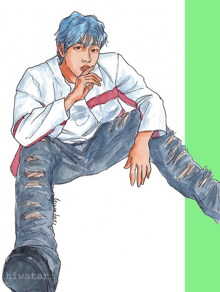 Watercolor drawing of Jang Dongwoo from kpop band INFINITE. He's sitting on the floor with his legs open but his knees push up to hold his arms on them. he's looking "at the camera". He's wearing ripped pants and a white jacket.