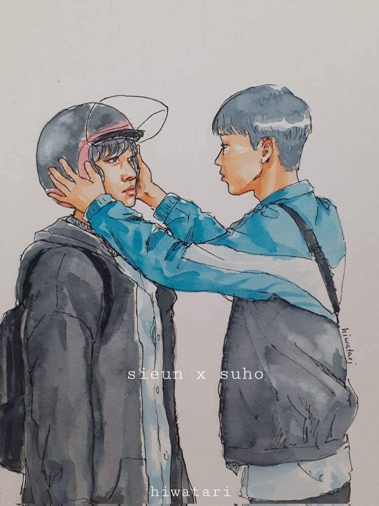 Watercolor drawing of ahn suho and Yoon sieun, from the series wealth hero class 1, they are looking at each other, facing each other. Suho is putting a bike helmet over sieun's head and his hands stay put as if he's holding Sieun's cheecks.