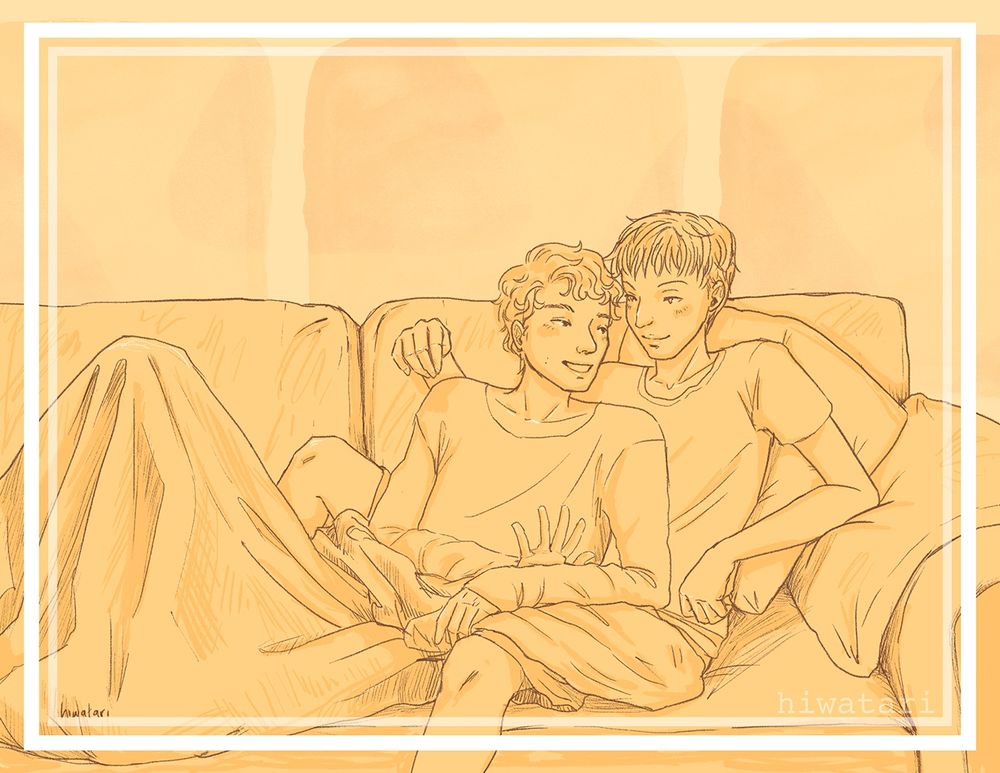Digital drawing of Dan and Phil. They are half sitting, half cuddling in the counch. 
Phil is sitting but leaning back on some pillows in the corner of the couch, his right arm suppoting his weight while his other arm is about to hug Dan. Meanwhile Dan is laying between phil's legs, his back to phil's chest, He's turning his face a little so he can talk to Phil.
Dan is covering his legs with a blanket and is also covering Phil's lap.
Phil is wearing a tshirt and shorts, and dan a long sleeved tshirt.
The background is yellow tone pkus some textures.