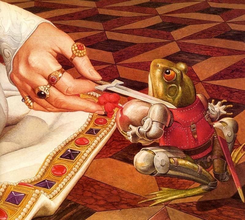 From William the Curious: Knight of the Water Lilies, by Charles Santore its an illustration or painting of a frog in battle armor seemingly being knighted its beautiful 