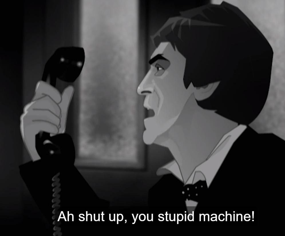 Doctor Who The Invasion it's a screencap of animation from the Invasion Doctor Who yelling into a telephone phone to "Ah shut up, you stupid machine!"