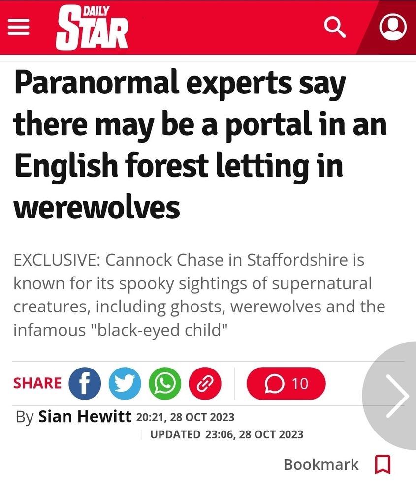 "Paranormal expertise there may ne a portal in an English Forest letting in werewolves" is the headline of a Daily Star article