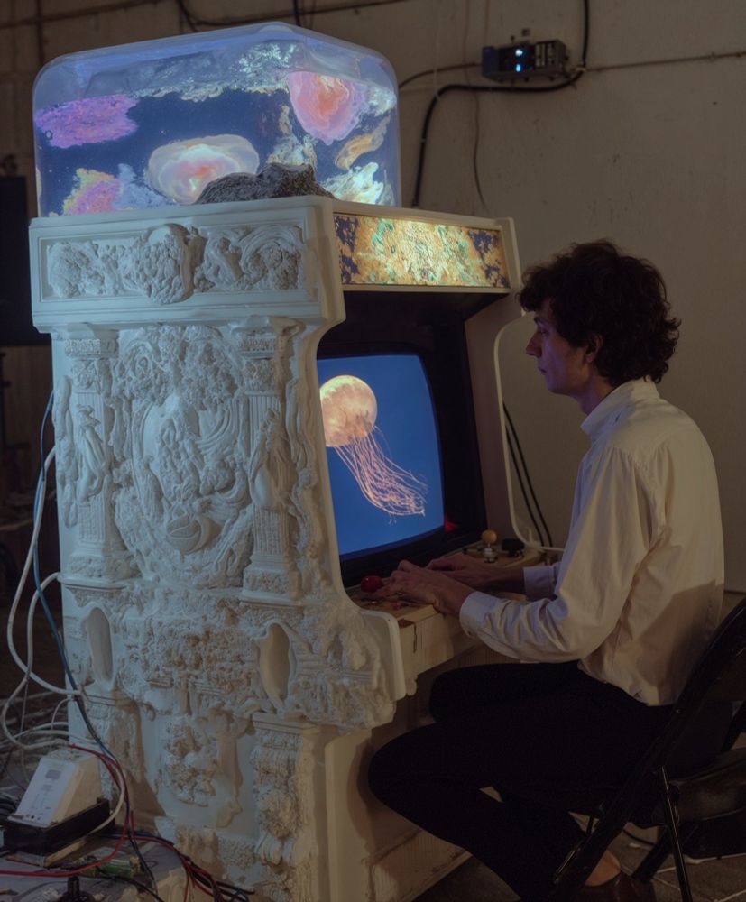A color photo of a person playing an arcade game featuring a jellyfish theme including elaborate detail of seemingly carved art into the side of the arcade styled piece of art you can see a jellyfish very clearly on the gaming screen and there seem to be jellyfish ontop of the game system too