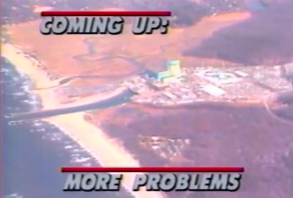 Seems like a newscast its a scene from above looking down on earth from a helicopter i suppose and it simply states COMING UP: MORE PROBLEMS 