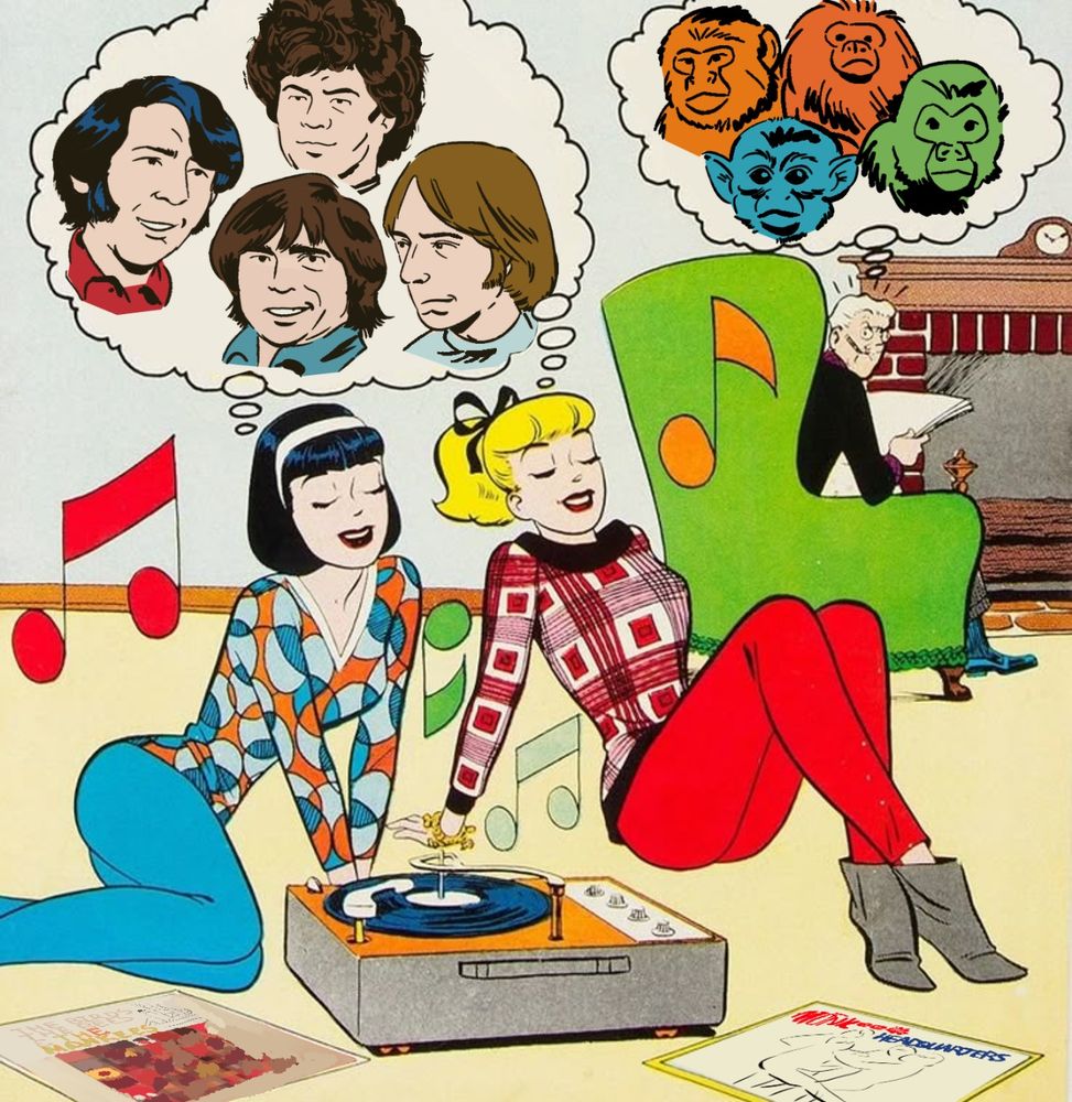 vintage Archie Comics depicting Betty and Veronica listening to The Monkees, Veronica's thought bubble actually shows the band as the 4 men really look, Micky Dolenz, Davy Jones, Michael Nesmith and Peter Tork. Whie Betty's thought bubble is that of four different types of actual monkeys the animals they are sitting on either side of a record player with albums on the floor comic books rock and roll photos 