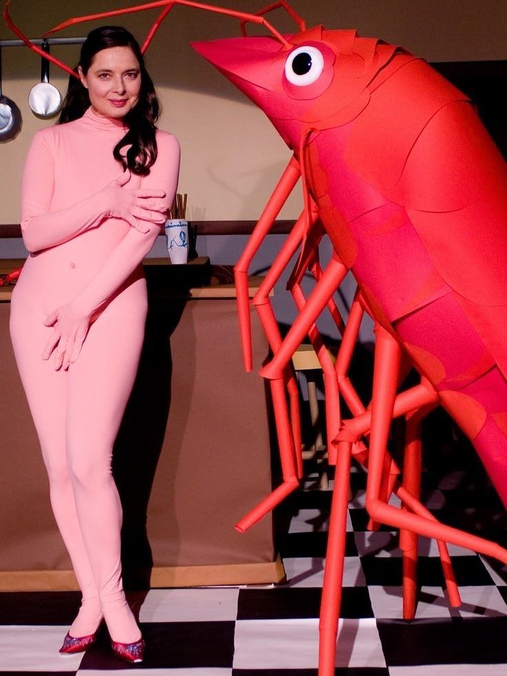 A color photo of Isabella Rossellini wearing a skin tight pink bodysuit I presume with her hands over her private bits standing next to a giant shrimp from her Green Porno series aka show