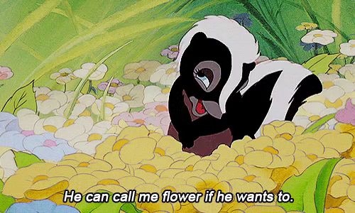 a cartoon of a skunk with the words he can call me flower if he wants to