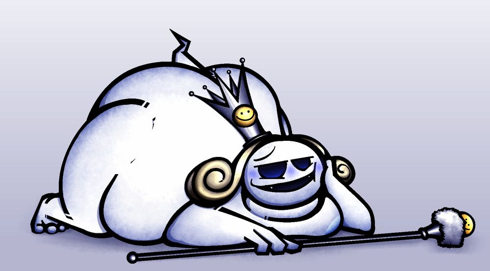king frost from shin megami tensei laying down on his belly, naked. ass raised in the air while he looks at the viewer smiling, with a hand resting on his cheek and a scepter in the other hand.
