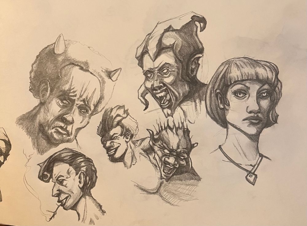 Pencil sketches of six different faces: from left: a woman, a goblin, a demon, a dude with puffy hair, a greaser type, and a sad clown with horns.
