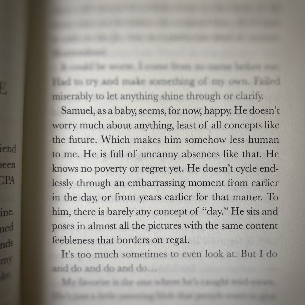 "Samuel, as a baby, seems, for now, happy. He doesn't worry much about anything, least of all concepts like the future. Which makes him somehow less human to me. He is full of uncanny absences like that. He knows no poverty or regret yet. He doesn't cycle endlessly through an embarrassing moment from earlier in the day, or from years earlier for that matter. To him, there is barely any concept of "day." He sits and poses in almost all the pictures with the same content feebleness that borders on regal."