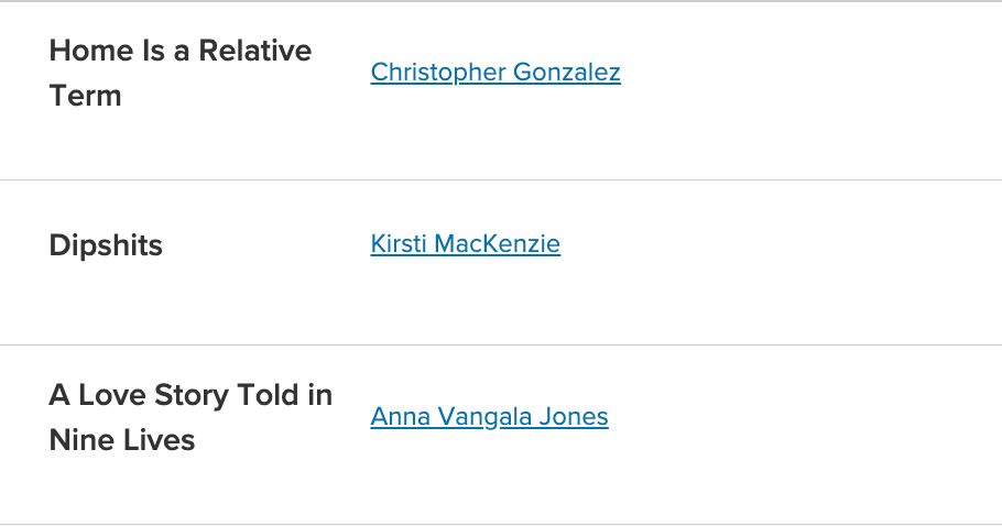 "Home Is a Relative Term" by Christopher Gonzalez

"Dipshits" by Kirsti MacKenzie

"A Love Story Told in Nine Lives" by Anna Vangala Jones