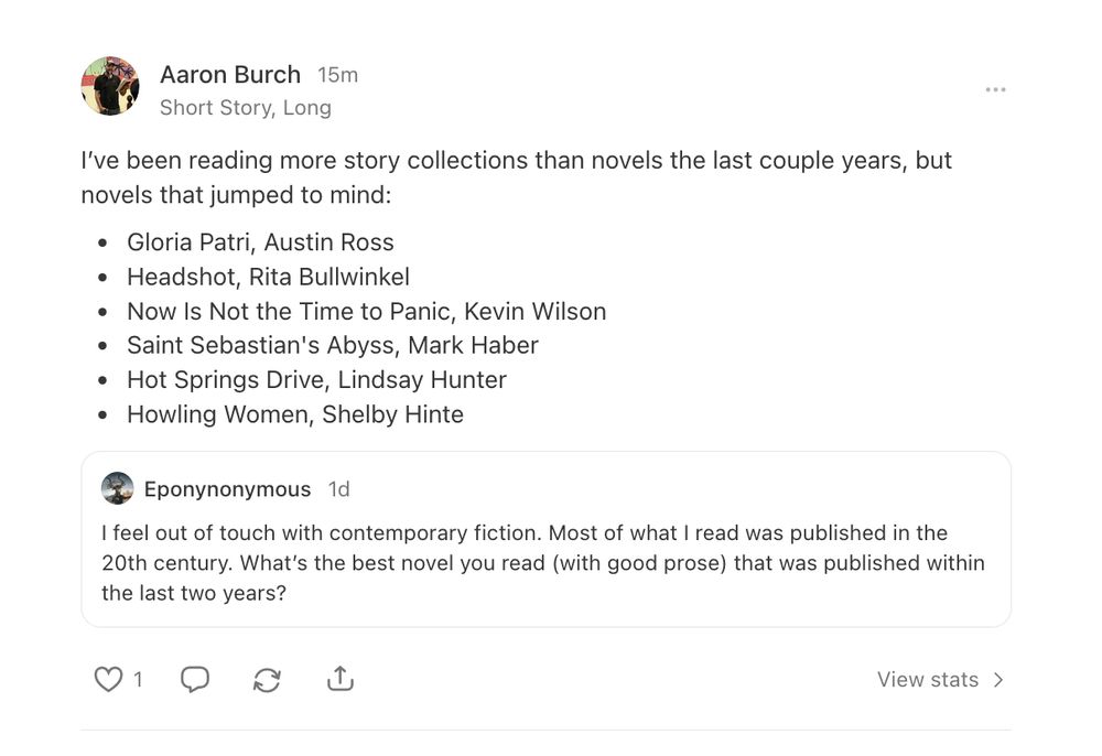 
I’ve been reading more story collections than novels the last couple years, but novels that jumped to mind:

Gloria Patri, Austin Ross

Headshot, Rita Bullwinkel

Now Is Not the Time to Panic, Kevin Wilson

Saint Sebastian's Abyss, Mark Haber

Hot Springs Drive, Lindsay Hunter

Howling Women, Shelby Hinte