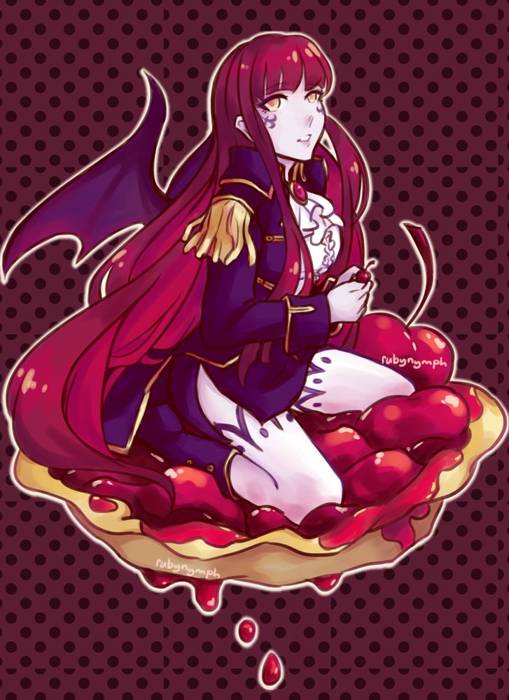 Art of female Demon Slayer from Maplestory, sitting on an oversized cherry tart. 