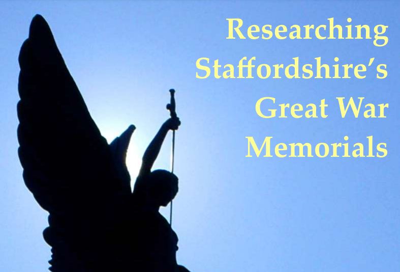 Image shows part of the cover to a PDF guide to "Researching Staffordshire's War Memorials." If features a photo of a statue, silhouetted against a bright blue sky,