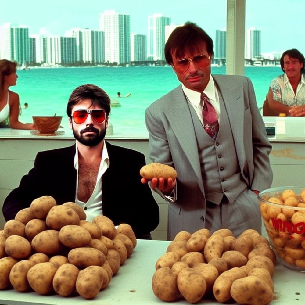 Zwei dubios aussehende Typen in Anzügen und mit abgetönten Sonnenbrillen. Vor ihnen Kartoffeln auf einem Tisch liegend im Hintergrund blaues Meer und Hochhäuser an der Skyline.