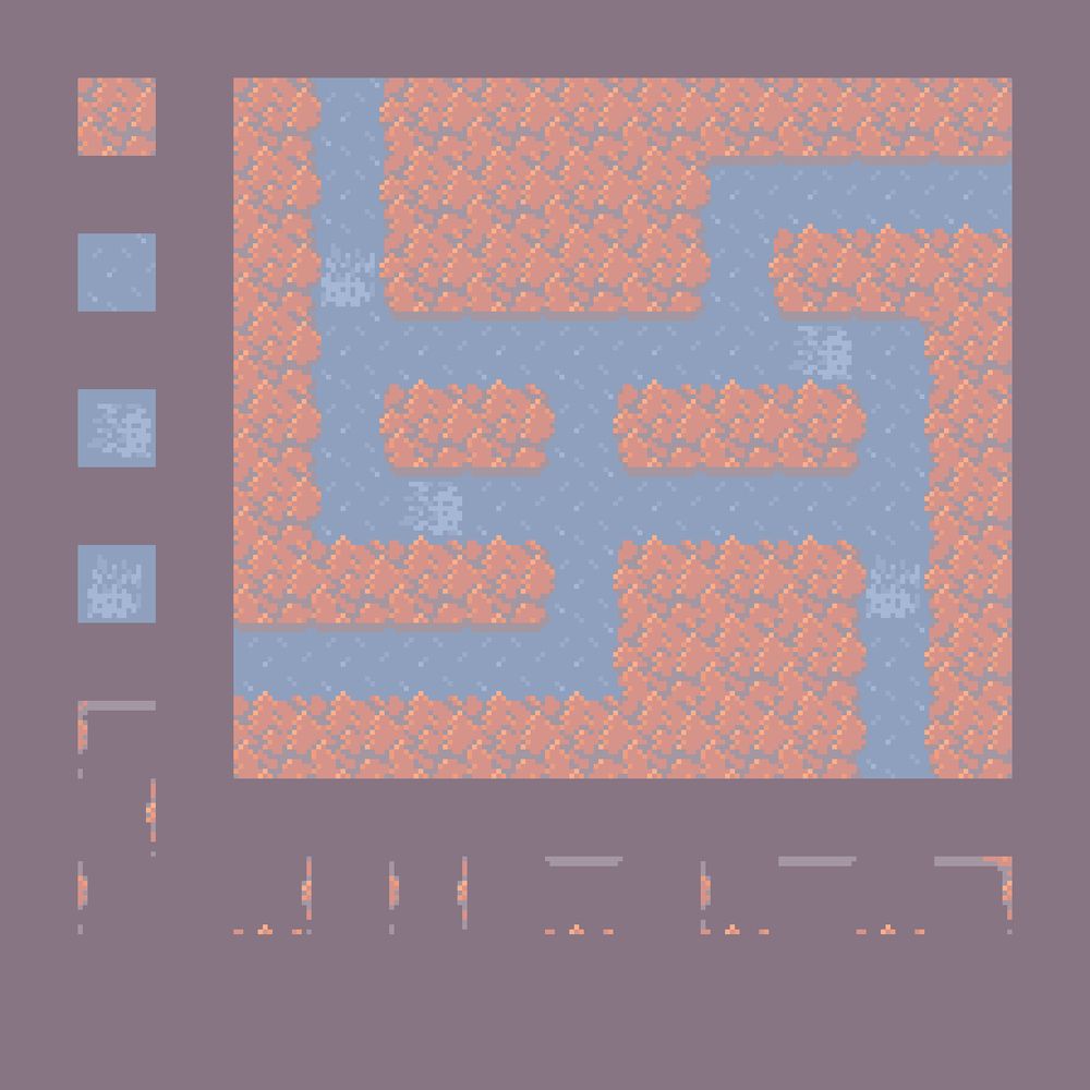 A tileset of 14 tiles of size 16x16. Pixel art, low saturation, blue and peachy colors (like clouds). Aside from the tileset there is also a demonstration of it in use, depicting some path between trees, with crossings and angles. There are also some icy slopes on that path.