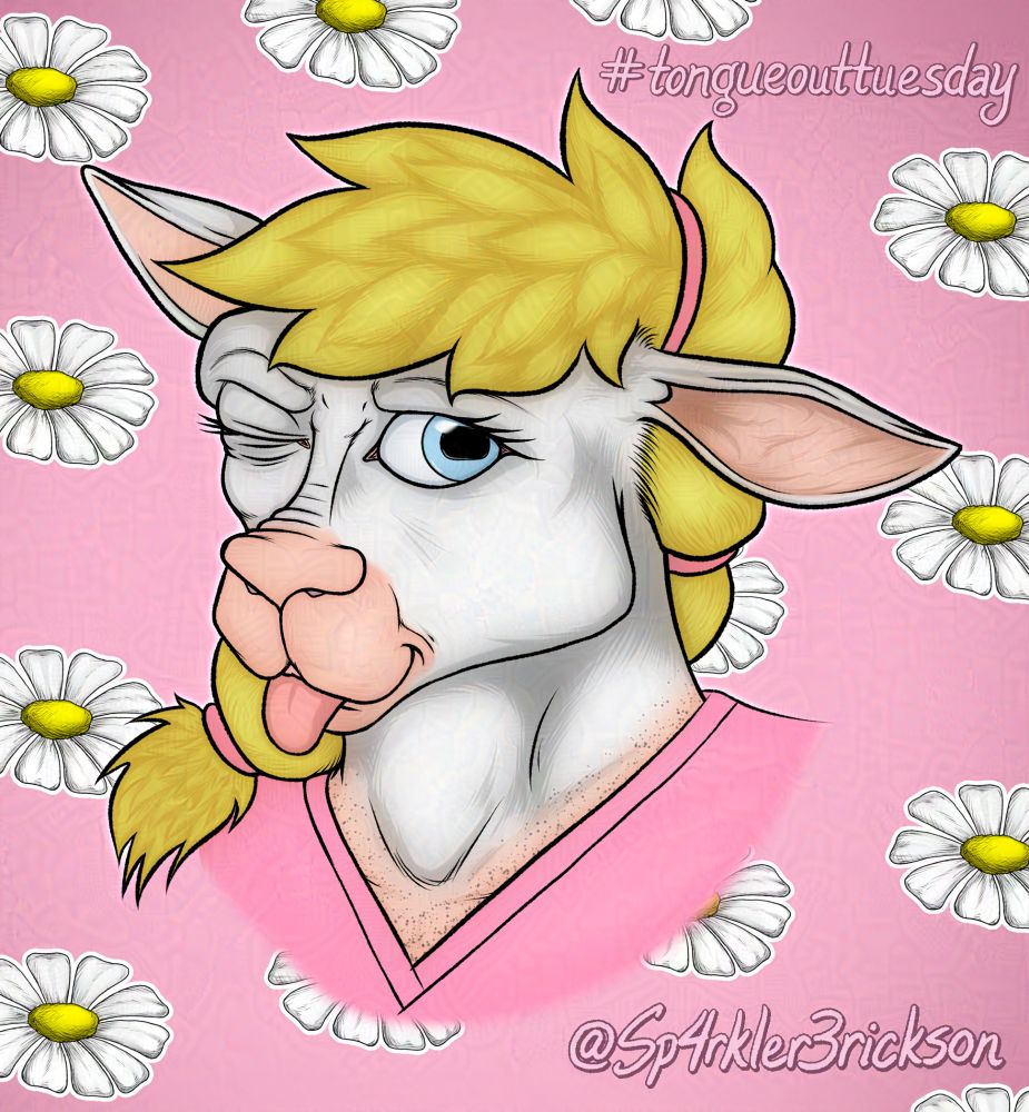 A softly shaded image of an anthropomorphic ewe with a shorn neckline speckled with gray stubble, wearing a pink tee shirt and several pink hairties. She has blond hair and light blue eyes, white face coat, and pale fleshtone on the nose, chin, inside of the ears, and on the shorn neckline. She is winking and sticking her tongue out, with a mischievous (but not unkind) expression on her face. The open eye almost makes eye contact with the viewer, but not quite, with the direction of the eye pointing over the viewer's right shoulder.

The background is pink with a subtle dark muted purple vignette, with a repeated pattern of a single daisy bloom facing upward.

There is a hashtag displayed in the upper right corner of the canvas. It reads (hashtag) tongue-out-tuesday.

In the lower right corner is the artist's signature.