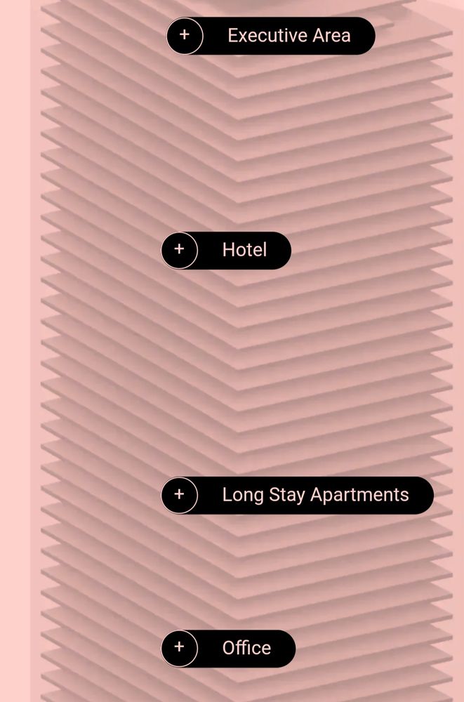 Plan of a tall building with several layers, indicated with buttons with misaligned plus symbol inside 