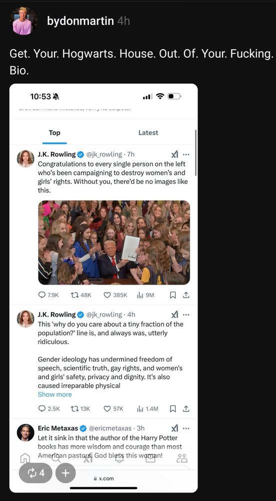 Screenshot of a Threads post by @bydonmartin that says: Get. Your. Hogwarts. House. Out. Of. Your. Fucking. Bio.

Attached is a screenshot of posts by JK Rowling supporting Donald Trump's trabsphobia.