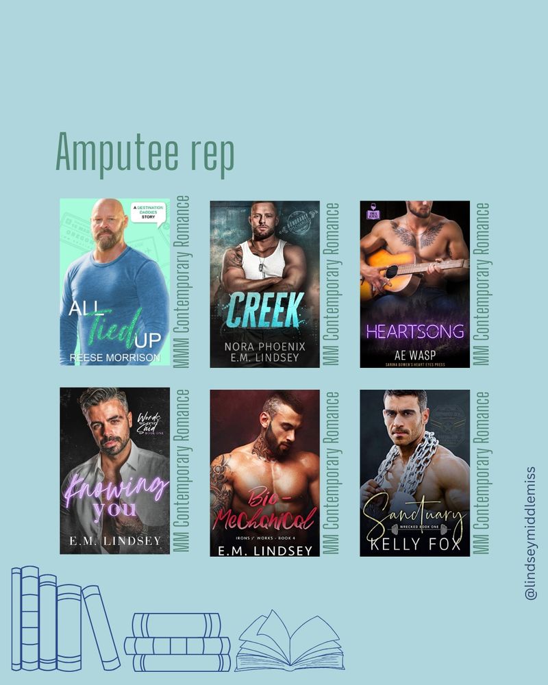 Amputee rep:

All Tied Up by Reese Morrison 
Creek by Nora Phoenix and EM Lindsey 
Heartsong by AE Wasp 
Knowing You by EM Lindsey 
Bio Mechanical by EM Lindsey 
Sanctuary by Kelly Fox  