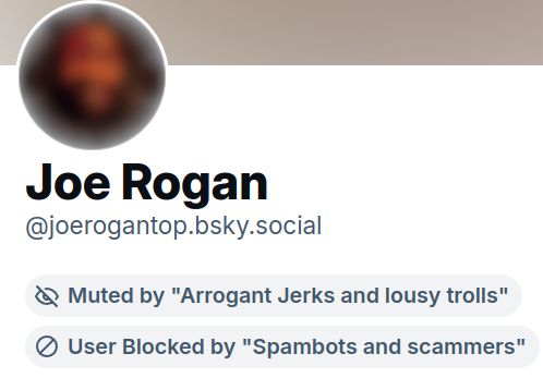 Screenshot of the profile in question showing the mute and block notices originating from moderation lists, specifically:
Muted by "Arrogant Jerks and lousy trolls"
User Blocked by "Spambots and scammers"
