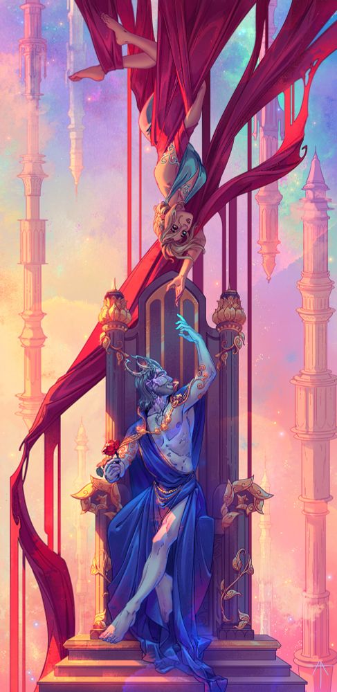 Gale god of ambition sits in his throne in the heavens as Merelind dangles down in red fabrics. They’re touching hands 