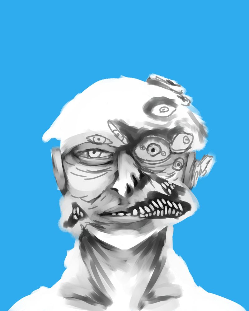 A illustration of a black and white face against a blue background. The face is heavily mutated with repeating eyes and exposed teeth. Half of the face appears tired while the other is agitated.