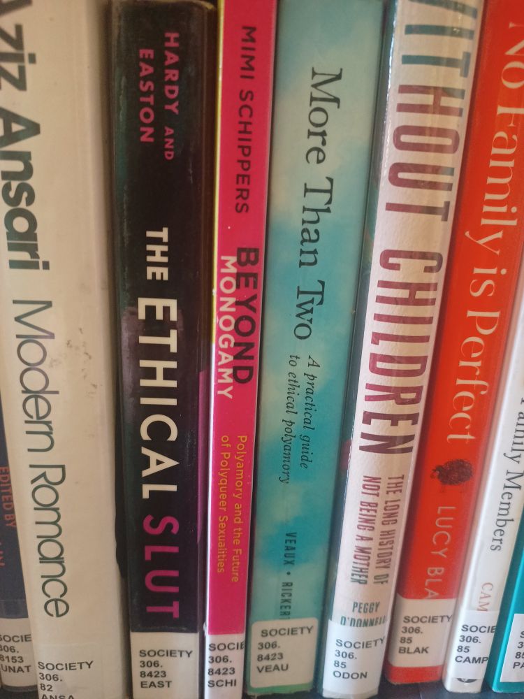 Books on a book shelf: in particular The Ethical Slut, Beyond Monogamy and More than Two (first edition)