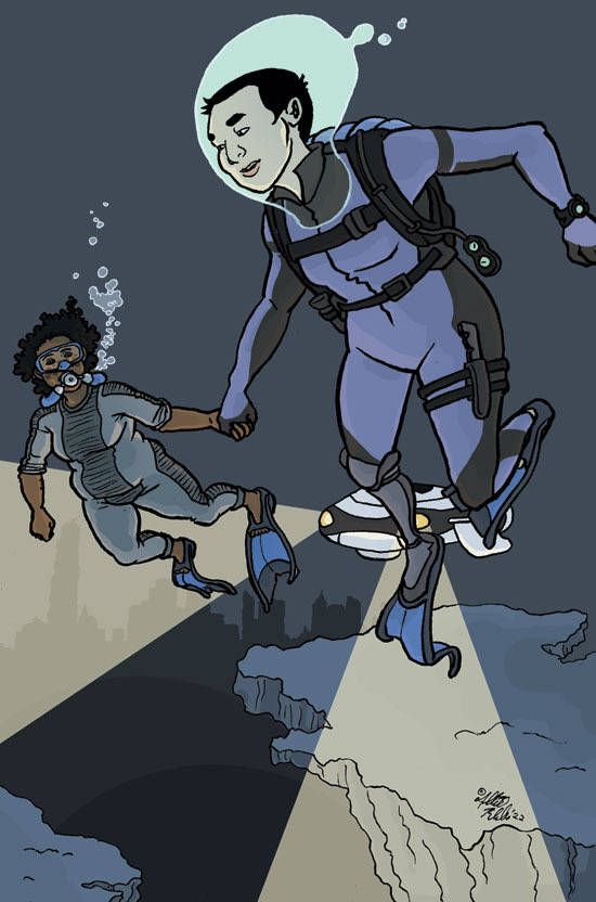 Computer-colored drawing of a pair of people in unusual/futuristic scuba gear swimming underwater holding hands; in the foreground, a tall, slender person of Filipino descent wearing a purple-blue suit and an odd organic bubble for a helmet, and further back, a Black woman with a scuba mask and simplified rebreather tank that fits around her neck, wearing  a grey bodysuit. Behind them, a small black-and-white underwater drone shines beams of light forward; shelves of rock can be seen directly below the swimmers, and in the background, the silhouette of a submerged city.